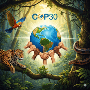 (Español) Ilustración simbólica de la COP30 en la selva amazónica, con un jaguar, una guacamaya y una anaconda. Muestra un globo terráqueo sostenido por manos de diferentes orígenes y el logo 'COP30' en la parte superior.