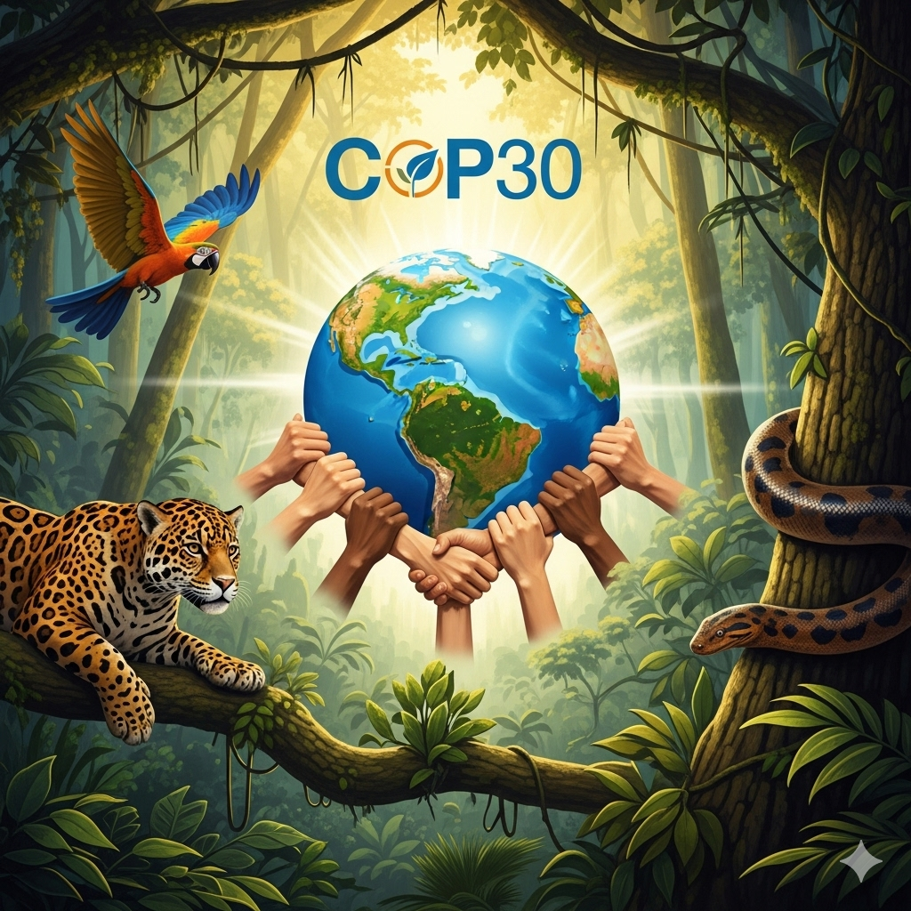 Ilustración simbólica de la COP30 en la selva amazónica, con un jaguar, una guacamaya y una anaconda. Muestra un globo terráqueo sostenido por manos de diferentes orígenes y el logo 'COP30' en la parte superior.